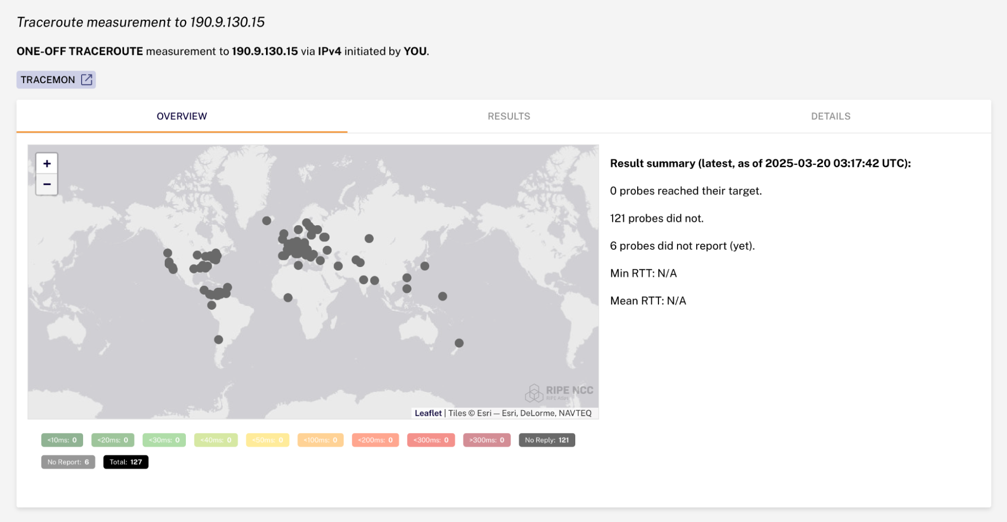 Resultados de mediciones de traceroute a la dirección IP 190.9.130.15. Fuente: RIPE Atlas